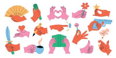 Set of colorful hands holding various stuff on white background. Different operations and gestures. vector