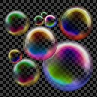 Soap bubble on Background. Shiny Sphere Set with Reflection and Glossy Water Rainbow. Round Color Blowing Circle. Decorative Bubbles Collection. Freshness Element. vector