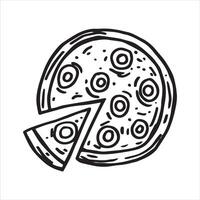 Pizza circle divided into pieces, drawing in sketch style. black and white graphics, engraving vector
