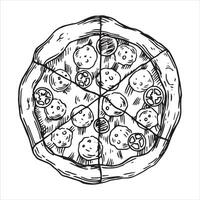Pizza circle divided into pieces, drawing in sketch style. black and white graphics, engraving vector