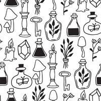 seamless pattern on the theme of magic, witchcraft. vintage black and white halloween print in hand drawing style vector