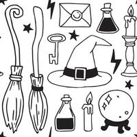 seamless pattern on the theme of magic, witchcraft. vintage black and white halloween print in hand drawing style vector