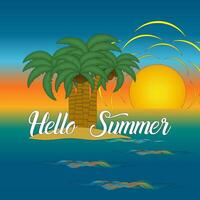 A vibrant illustration featuring palm trees on an island with a stunning sunset background. Perfect for summer and tropical themes. vector