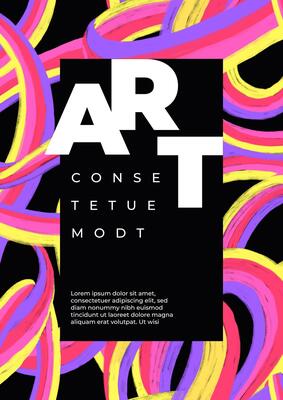 Template for fest poster with pattern with rainbow ribbon. Three dimensional volumetric curved rainbow. Loops on black background. Pop art style. Placard, banner, flyer, cover with typography