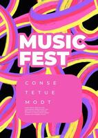 Template for fest poster with pattern with rainbow ribbon. Three dimensional volumetric curved rainbow. Vibrant loops on black background. Pop art style. Placard, banner, flyer, cover with typography vector