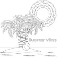 A fun and relaxing coloring page featuring palm trees, a beach ball, and Summer vibes text. Perfect for creative summertime activities. vector