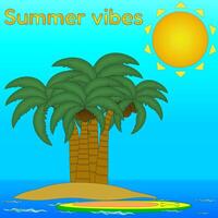 A colorful illustration of a tropical island with palm trees, surfboard, and sun, perfect for summertime themes and designs. vector