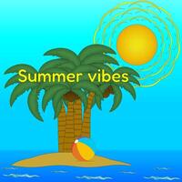 Vibrant illustration of a tropical island with palm trees, a beach ball, and a bright sun, capturing the essence of summer vibes. vector