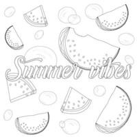 Fun and relaxing coloring page featuring watermelon slices and bubbles with the text Summer Vibes. Perfect for summer-themed activities. vector