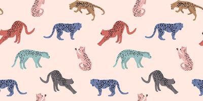 Seamless pattern with abstract silhouettes of leopards, cheetahs. Multi-colored spotted predatory animals. vector
