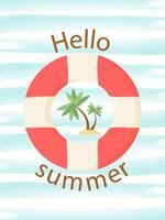 A summer banner with a lifebuoy and a palm tree with the inscription Hello summer at the seaside resort. A tag with a summer illustration. vector