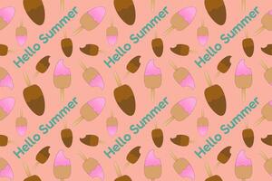 A cheerful and vibrant pattern featuring colorful Eskimo ice cream popsicles with Hello Summer text. Pink background. Perfect for summertime designs. vector