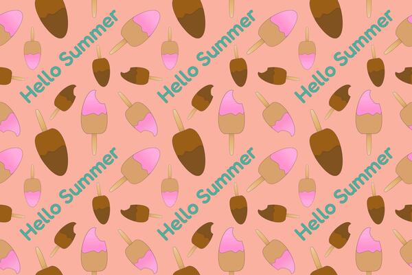 A cheerful and vibrant pattern featuring colorful Eskimo ice cream popsicles with Hello Summer text. Pink background. Perfect for summertime designs.