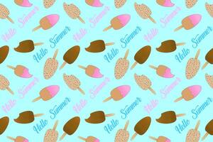 A cheerful and vibrant pattern featuring colorful Eskimo ice cream popsicles with Hello Summer text. Blue background. Perfect for summertime designs. vector