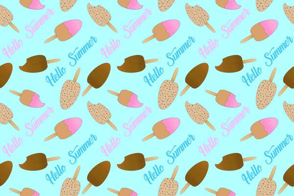 A cheerful and vibrant pattern featuring colorful Eskimo ice cream popsicles with Hello Summer text. Blue background. Perfect for summertime designs.