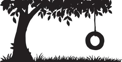 silhouette, landscape with a tree and a children's swing and a green lawn. frame. black and white illustration vector