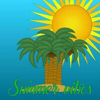 Vibrant illustration of a tropical island with palm trees and a bright sun, capturing the essence of summer vibes. vector