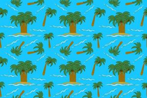 Vibrant seamless pattern featuring tropical palm trees and ocean waves. Ideal for summertime designs, backgrounds, and textiles. vector