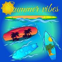 Colorful illustration of surfboards and waves with Summer vibes text, capturing the essence of summertime fun and adventure. vector