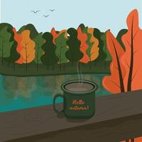 Autumn landscape with trees, river, forest and railing with a mug hello autumn. Suitable for postcards, posters, signage, covers, web banners, social networks, backgrounds. vector