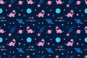Cute seamless pattern with space dinosaur and space and planets for kids. illustration vector