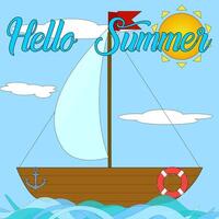 Colorful illustration featuring a sailboat with a red flag, bright sun, and Hello Summer text. Perfect for summer-themed designs and greetings. vector