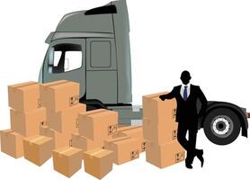 Businessman leaning on stack of cardboard boxes with truck in background vector