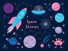 Space. Set with planets, aliens, rocket stars in flat style on dark background. illustration vector