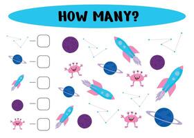 Space activities for kids. How many. Count the number of planets, aliens, rockets. illustration. vector