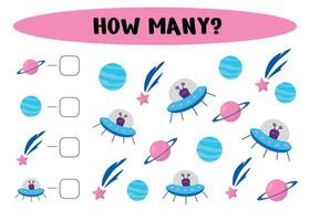 Space activities for kids. How many. Count the number of planets, aliens, rockets. illustration. vector