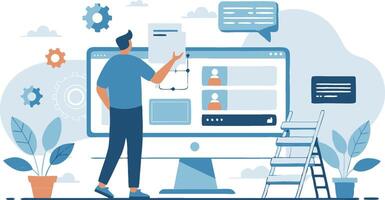Man building website with big monitor screen vector