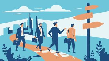 Navigating Success, Strategic Planning for Career Pathways, Leadership Challenges, and New Opportunities with Businessmen Walking Towards Success Guided by a Signpost vector