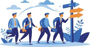 Navigating Success, Strategic Planning for Career Pathways, Leadership Challenges, and New Opportunities with Businessmen Walking Towards Success Guided by a Signpost vector