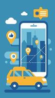 Online Taxi Concept, Smartphone App for Taxi Service, Car Rent and Sharing, Remote Vehicle Sharing with Navigation Pin, City Map Route and Location Points vector