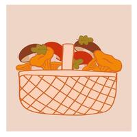 Basket filled with colorful vegetables and mushrooms on a pastel background vector