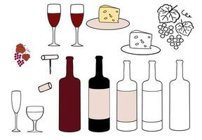 Bif wine set featuring bottles, glasses, cheese, and grapes in a simple artistic design vector