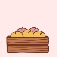 A wooden crate filled with colorful apples on a pastel background vector
