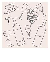 A collection of wine glasses, grapes, cheese, and bottles on a neutral background vector