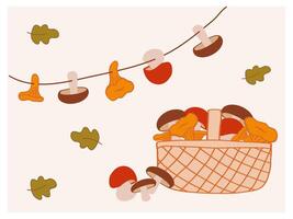Brightly colored mushrooms and leaves hung across a line with a basket overflowing with various fungi vector