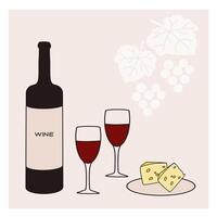 Wine and cheese pairing with red wine, glasses, and cheese on a plate with grapes in the background vector