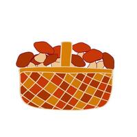 A basket filled with assorted red and brown mushrooms on a plain background vector