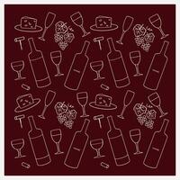 Pattern of wine bottles, glasses, cheese, and grapes on a burgundy background vector