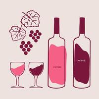 Wine bottles and glasses with grapes and leaves on a neutral background vector