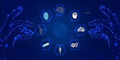 Futuristic medical cybernetic robotics technology. Human neural structure virtual hologram float away from robot hand. vector