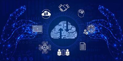 Businessman's hands display large online data on cloud to analyze business technology, internet technology, storage network concept. vector