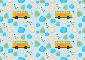 Schoolbus, alarm clock, globe, color palette, and school bag seamless pattern on blue background. For cards, frames, posters, book covers, textiles, wallpaper, wrapping and fabric. vector