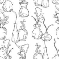 Vases with floral arrangement in black white seamless pattern isolated. Pottery with greenery hand drawn in line art on endless background. Pattern design with leaves and stems in clay jugs. vector