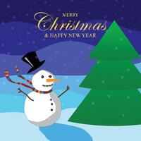 Snowman design on snowflake background. Merry christmas landscape, Happy New Year greeting card template. vector