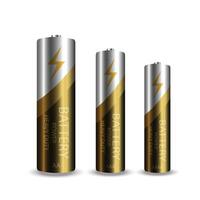 Gold and silver realistic alkaline battery illustration. Diffrent size isolated on white background. vector