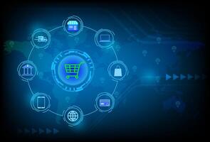 Online shopping digital marketing technology icon on world map futuristic digital innovation background. E-commerce concept vector